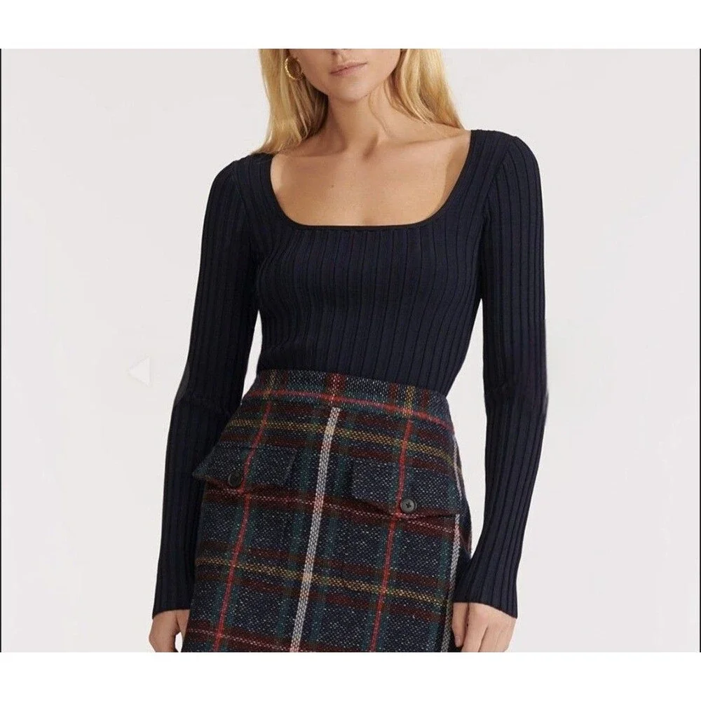 Veronica Beard Clara Ribbed Top Navy M Square Neck Dark Academia Preppy Coquette
